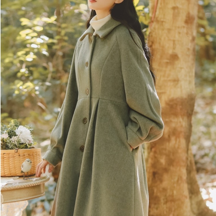 

2021 New Wool Lapel Fine Women' Blouse Autumn/winter Vintage Jacket Hepburn Tweed Coat MOWW, Green
