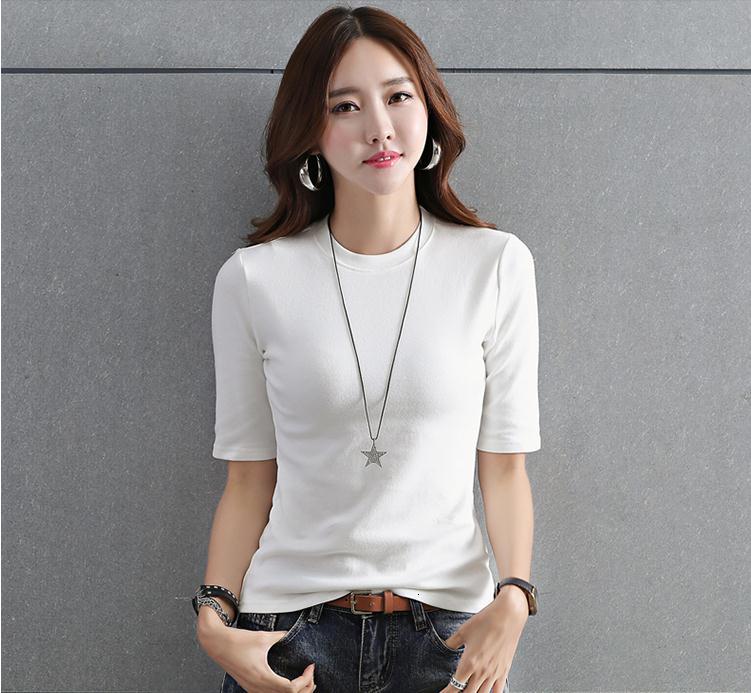 

Autumn White Cotton Black T-shirt Women Tight Tightly-collar Five-point Short Section New Tjhu