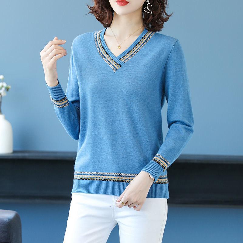 

Stripes Patchwork V-Neck Sweaters For Women Elegant Loose Knitwear Tops Femme Casual Long Sleeve Large Size Knitted Pullovers, Khaki