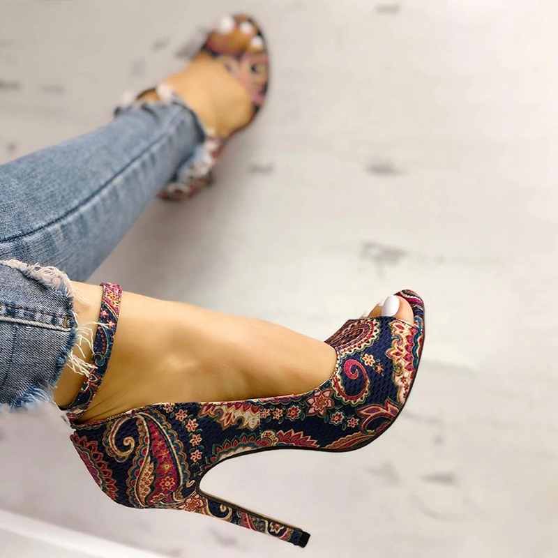 

Sandals Women Peep Toe Print Flower Ankle Buckle Sexy Thin High Heels Shoes Female Fashion Ladies Shoes Stilettos Summer 2020 #5M7Q, Black