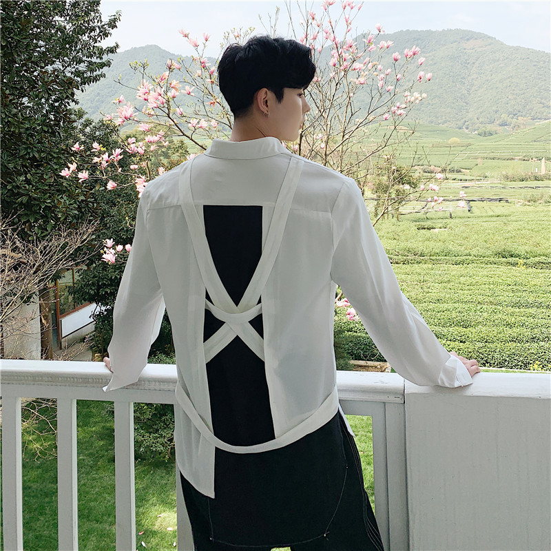 

2021 New Dark Men's Stage Attire Features Double Breaches in Back Cross-sleeve Hair Stylist Club Is Long-sleeved Long-shirt O6RQ, White