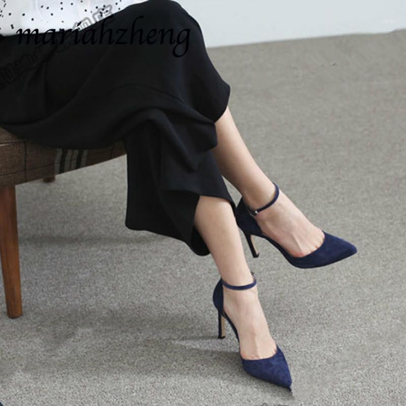 

Meriahzheng 2020 Summer Women's Sandals Thin High Heeled Pointed Toe Suede Hollow Shoes sapato feminino GXF-2977-11, Black 6.5cm