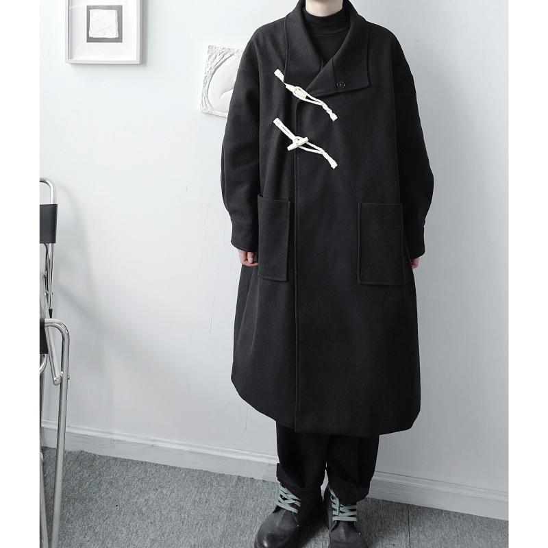 

New Male Japan Streetwear Black Wool Cardigan Jacket Overcoat Men Autumn Winter Woolen Horn Button Long Trench Coat Outerwear, Ym115