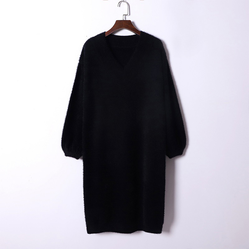 

2021 New v Neck Long Sleeve Sweater Dress Women Autumn Winter Loose Tunic Knitted Casual Clothes Above Knee Mini Solid Dresses 57rm, Khaki