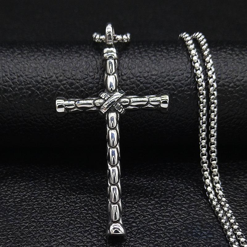 

2020 Fashion Cross Stainless Steel Long Necklace Silver Color Chain Necklace Men Jewelry acero inoxidable joyeria mujer N19088