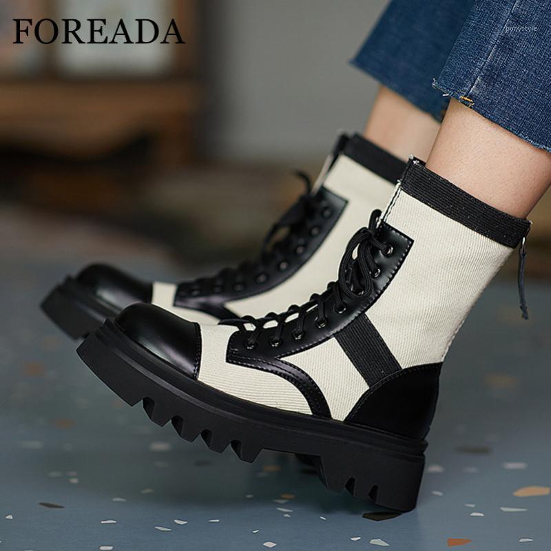 

FOREADA Real Leather Ankle Boots Woman Platform High Heel Motorcycle Boots Zip Thick Heel Short Lace Up Female Shoes Beige1, Black velvet lining
