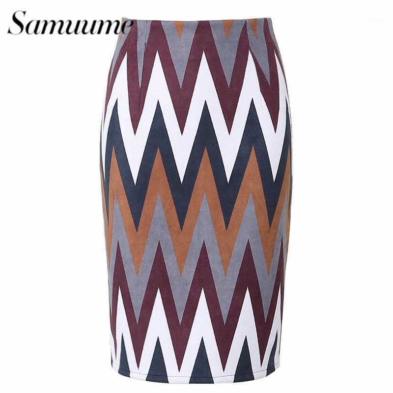 

Wholesale- Samuume Vintage Multi Color Wave Shape Printed Midi Skirts Women 2017 High Waist Knee-Length Office Pencil Skirt Faldas A16080491, Green