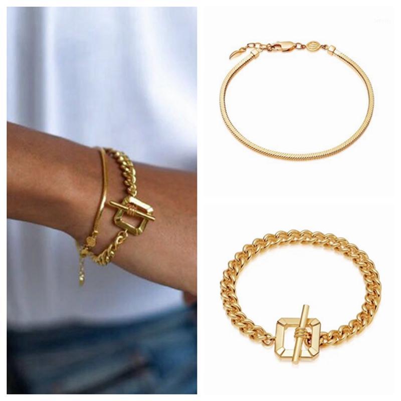 

Two Bracelets Yellow Gold Square Snake Chain Bracelet No Zircon Stone 925 Sterling Silver Chain for Lady Women Wedding Party1