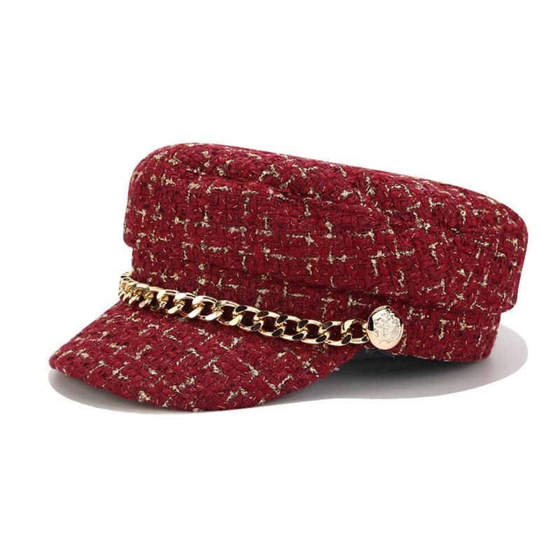 

Women Hats Tweed Plaid Newsboy Caps Chain Flat Top Visor Cap Vintage Plaid Cap Female Autumn Winter Hats J, Red