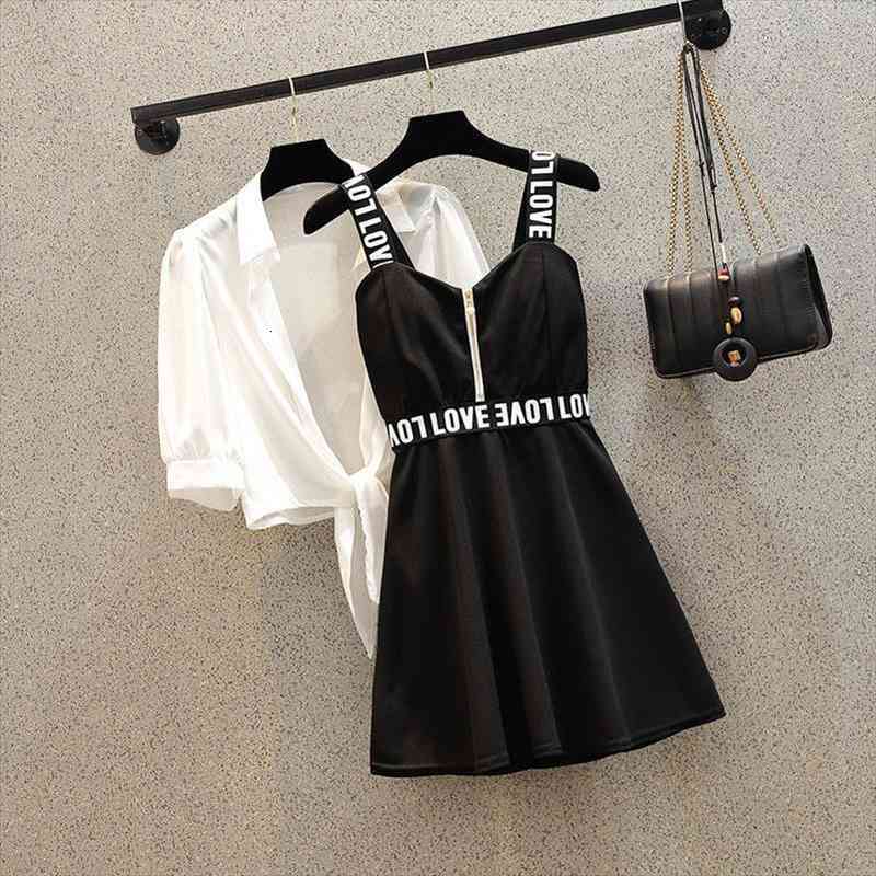 

oversize womens black tank dress summer suit female fashion sun-proof shirts letter print zipper fly overall dress two-piece set, Gray