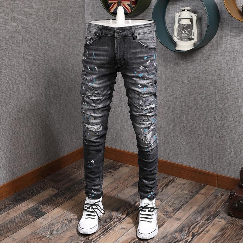 

Fashion Streetwear Men Jeans Black Gray Color Slim Fit Paint Designer Destroyed Ripped Jeans Men Punk Pants Hip Hop Homme