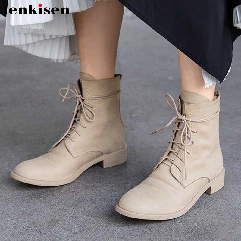 

Lenkisen classic genuine leather vintage solid lace up basic round toe med heels winter keep warm casual women ankle boots L26, Beige
