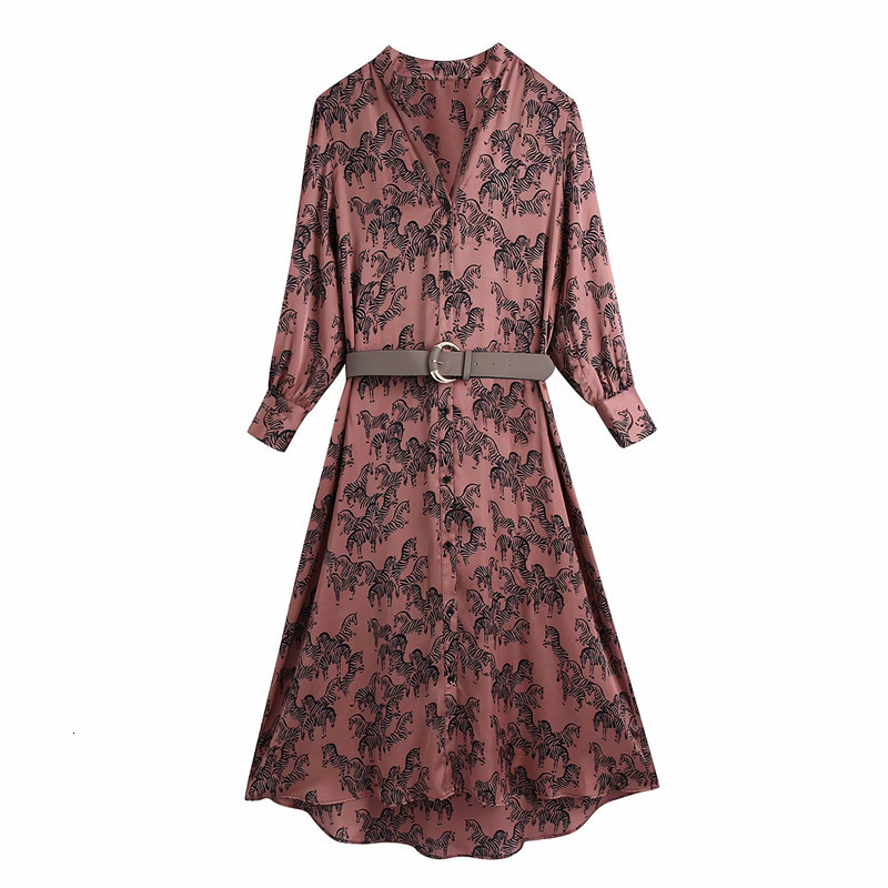 

2021 New Streetwear Women Claret Satin V-neck Es Fashion Ladies Zebra Print Vestidos Causal Female Chic Sashes Button Hmw2, Burgundy