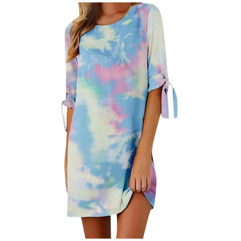 

NONE Women Clothing Autumn Dress Above Knee Casual Polyester Dress for Girls 2020 Daily Full O-Neck Print Bow Loose Mini Dresses, Blue