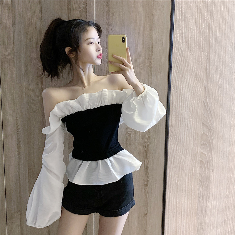 

2021 Fancy Women Blouse Off the Shoulder Autumn Shirt New Frilly Upper Tube High Waist Slimming Long Breath Sexy Top Contrast KGY5, Black