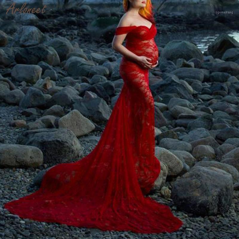 

Womens Pregnants Photography Props Off Shoulders Lace Nursing Long Dress Women Casual Maternity Dress New Fashion 20201, Black