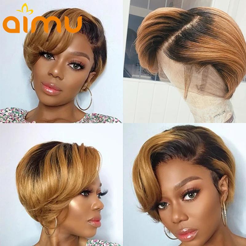 

Pixie Cut Wig 4x4 Closure Glueless Short Bob Lace Front Human Hair Wigs For Black Women Ombre Honey Blonde Remy Brazilian Hair, 4x4 6inch
