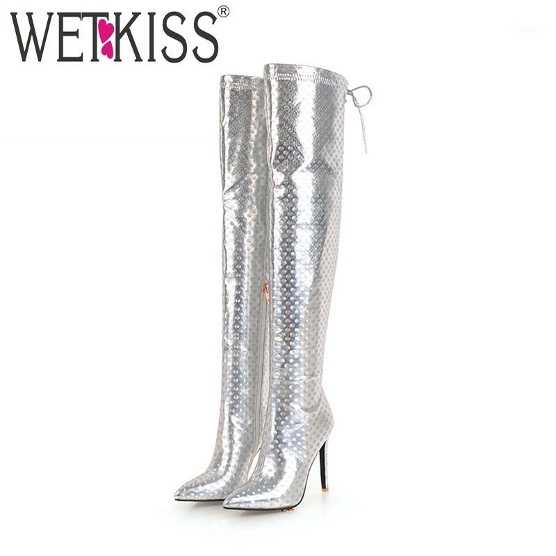 

WETKISS Snake Print Over The Knee Women Boots Pointed Toe Zip Cross Tied Footwear High Heels Female Boots Sexy Woman Shoes 20201, Black