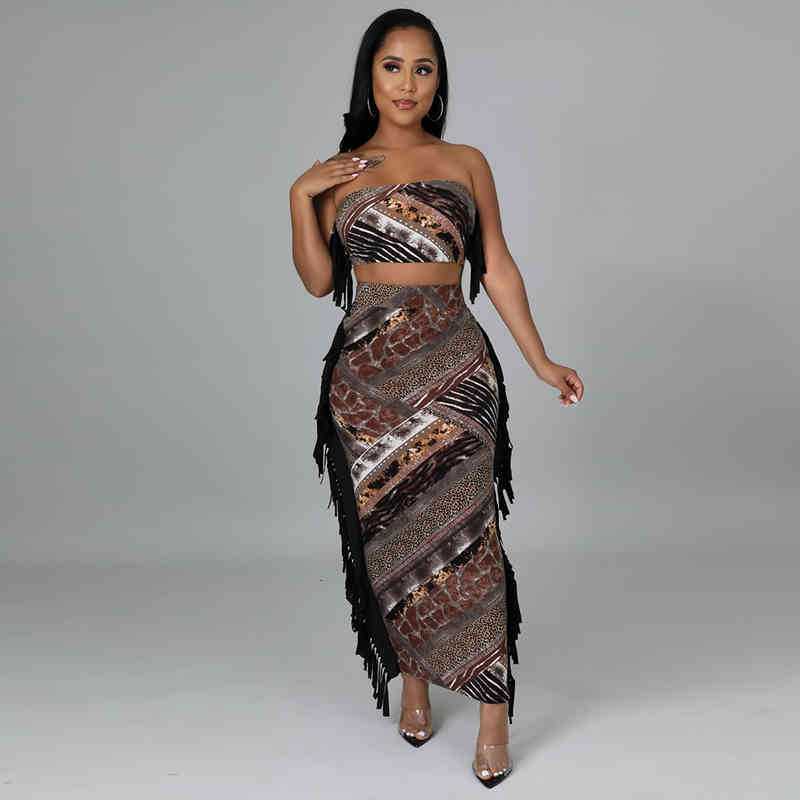 

Ladies Spring Autumn Fashion Sexy Wrap Chest Sleeveless Tassel Wrap Hip One-step Skirt Nightclub 2 Piece Dress Set, White