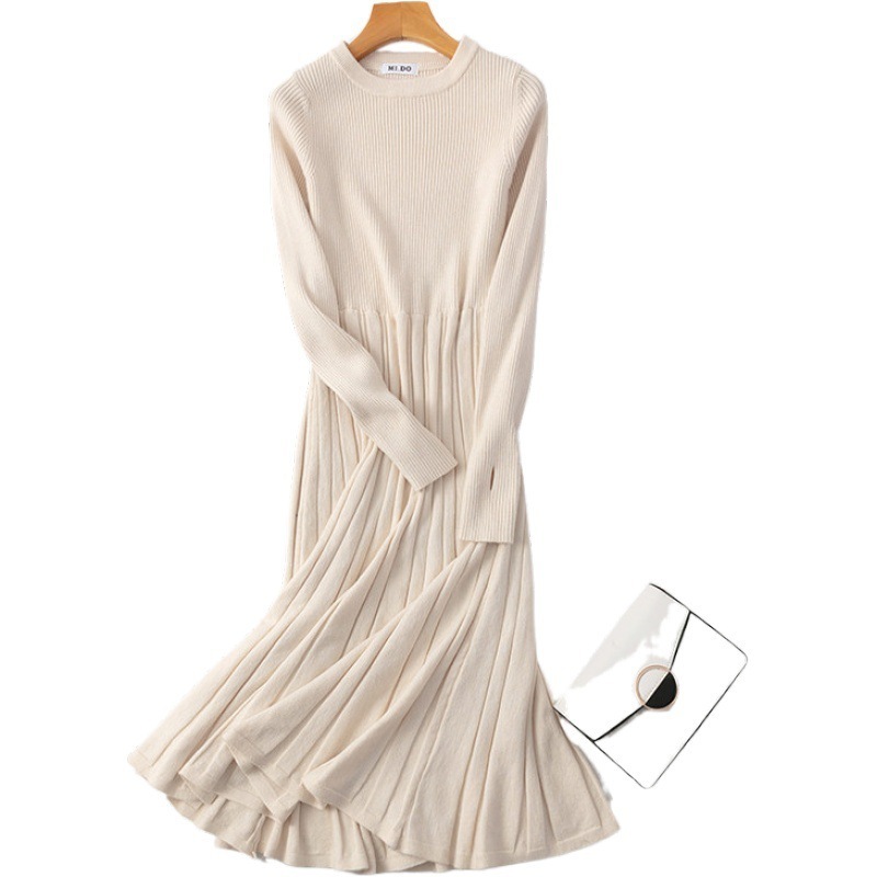 

HLBCBG Chic Women Long Knit Maxi Sweater Dress Autumn Winter Knitted A Line Dress Ribbed Thick Christmas Pullover Party Dresses 201204, Apricot