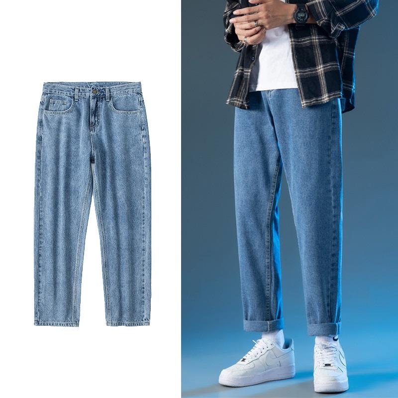 

Men' Autumn New Solid Jeans Fashion Trend Loose Straight Ankle-length Pants Four Seasons Casual Trousers for Man, Black