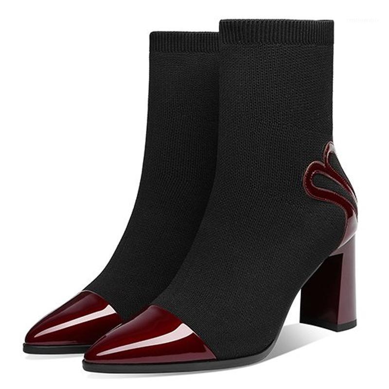 

Short Boots Thick Heel 2021 New Black Bright Leather Socks Boots Are Thin Pointed Toe Mid-Tube High-Heeled Stretch1