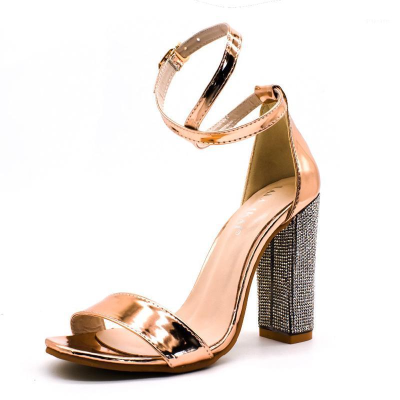 

Women Open Toe Ankle Strap Gold Sandals Crystal Transparent Clear Block Thick High Heel Sequined Shoes Woman Plus Size1, Black