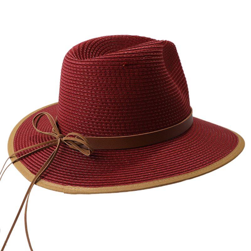 

British Style Women Woven Sun Visor Hat Faux Leather Ribbon Bowknot Contrast Color Wide Brim Cone Fedora Beach Cap