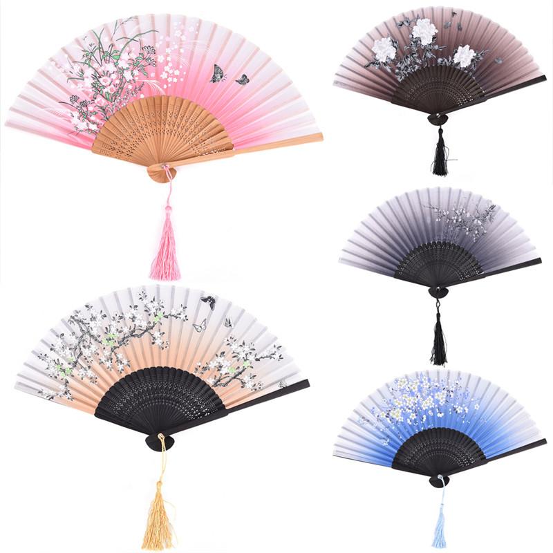 

1pc Decorative Fans Vintage Chinese Spun Silk Flower Printed Hand Fan Folding Hollow Carved Decoration Crafts Dropshipping