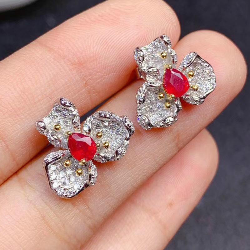 

Stud Fine Jewelry 925 Sterling Silver Natural Gemstone Ruby Female Earrings Vintage Support Test
