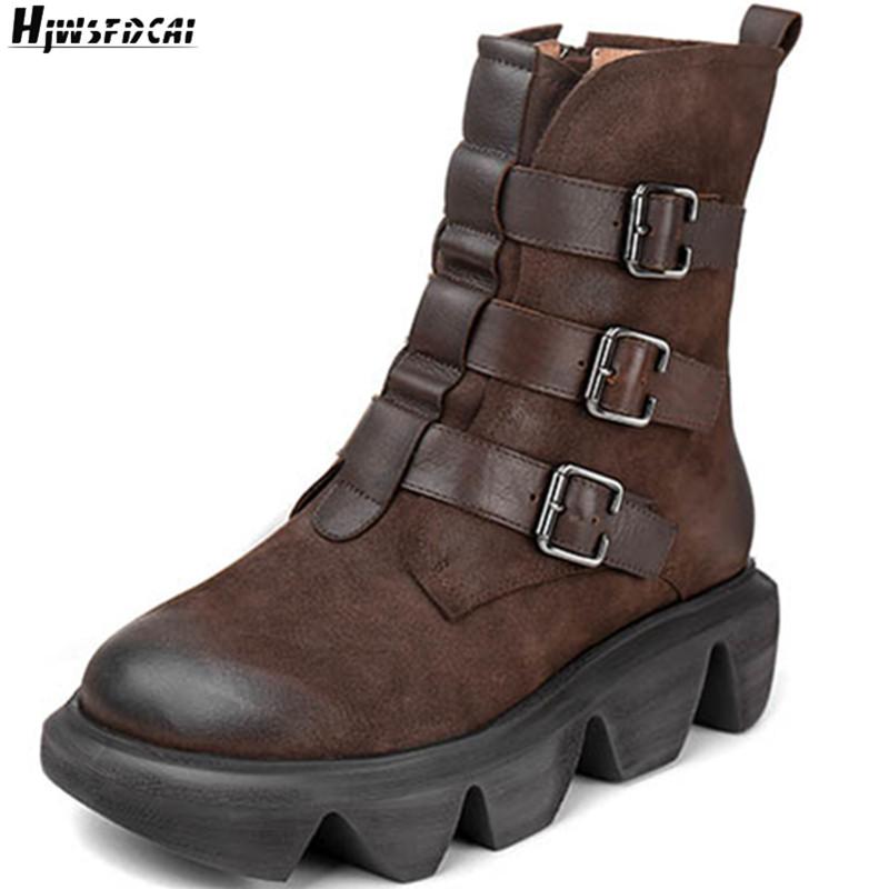 

Hjwsfdcai Belt Buckle Decor Plush Fur Women Motorcycle Boots British Wind Woman Fashion Ankle Boots Platform Punk Ladies Shoes, Black