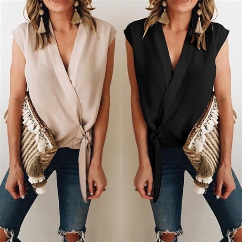 

Sexy Solid Deep V Chiffon Women Blouse Shirt Summer Short Bow Sleeveless Top Blouse Summer Casual Office Streetwear Tops1, Khaki