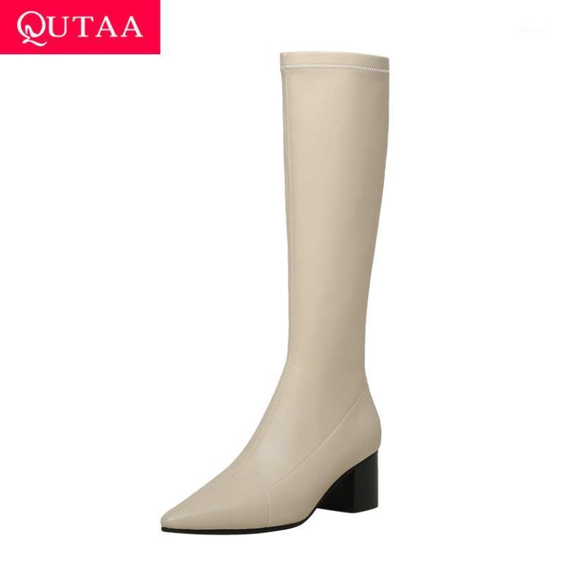 

QUTAA 2021 Square Heel All Match Knee High Boots PU Leather Autumn Winter Women Shoes Pointed Toe Zipper Long Boots Size 34-401, Beige