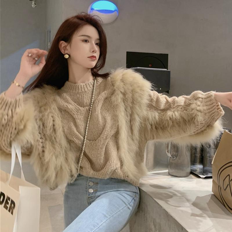 

Women's Sweaters 2021 Korean Style Luxury Fur Jumpers Pullovers Women Fashion Oversize Knitted Splicing Outerwear, Khaki