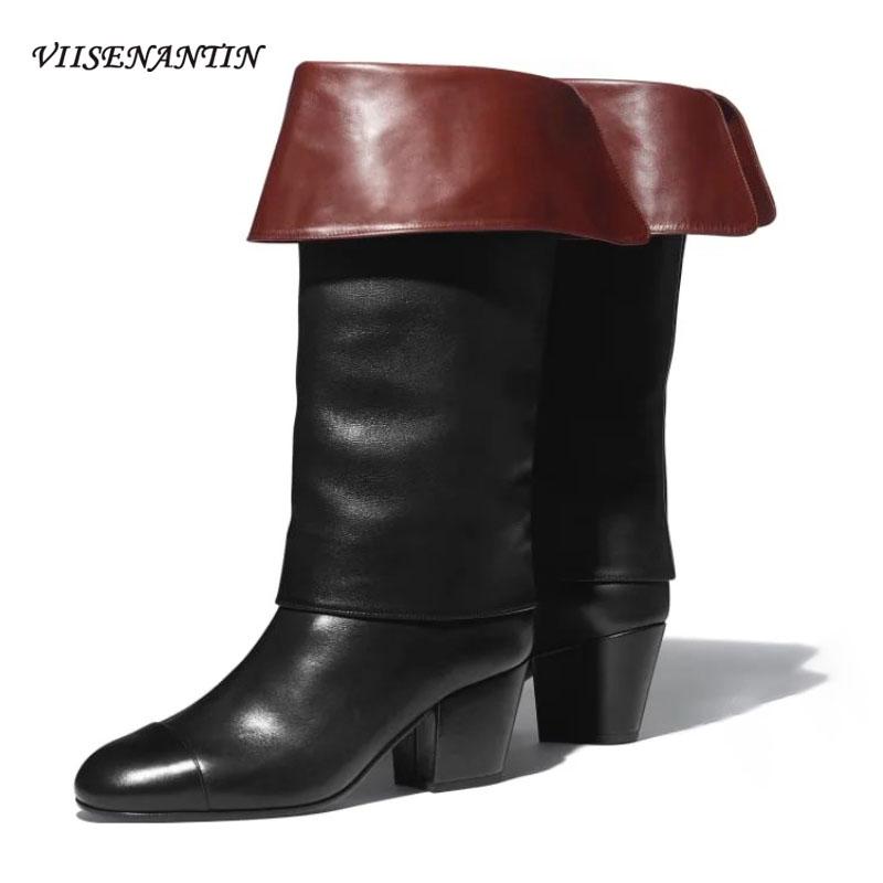 

European and American Autumn New Versatile Thick High Heel Round Toe High-top Fashion Boots Platform Natural Leather Black Shoes