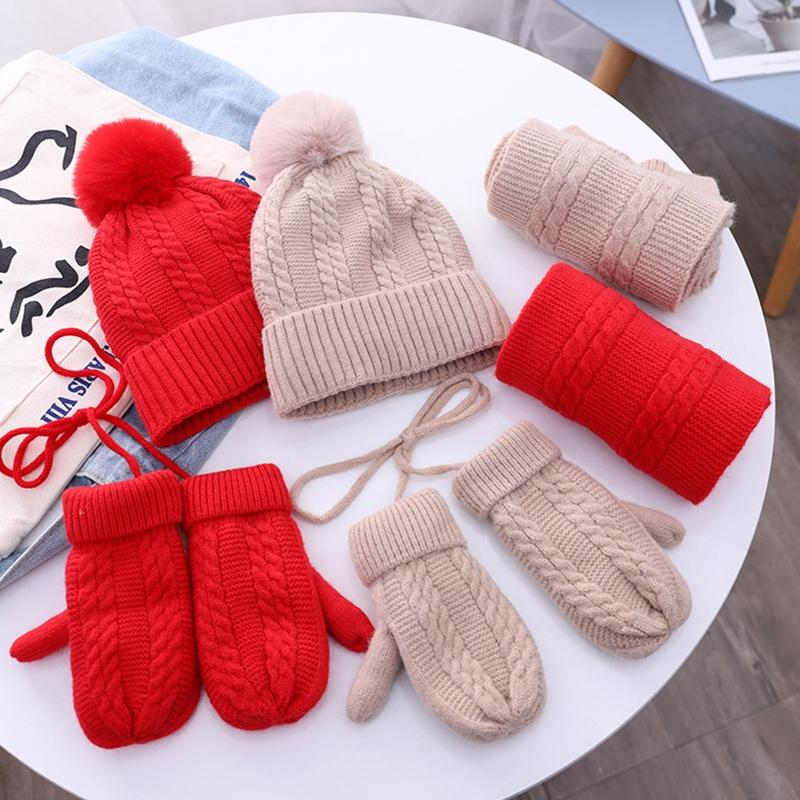 

3Pcs Kids Winter Beanie Hat Long Scarf Gloves Set Cable Knit Pompom Skull Cap X7XE