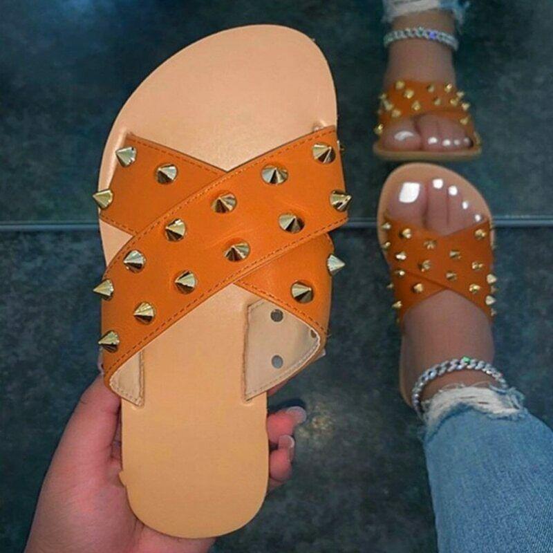 

Summer Women Flat Slippers Rivet Beach Sandals Snake Print Open Toe Ladies Shoes Outdoor Slides Platform Female Flip Flops, Black