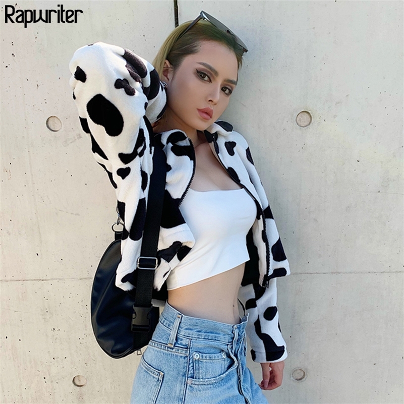 

Rapwriter Fashion Turn Down Collar Milk Cow Furry Jacket Women New Streetwear Long Sleeve Bomber Zipper Coat Loose Autumn 201112, White jacket