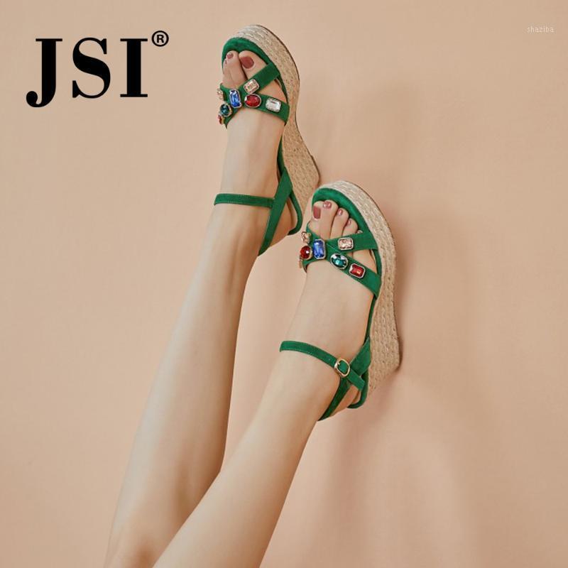 

JSI Ankle Strap Round Toe Sandals Women Leather Rome Style Wedges Woman Sandals Crystal Fashion Sweet Style JO5731, Black
