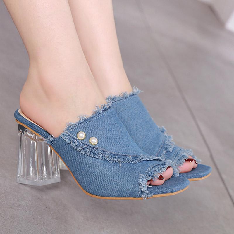 

Women Sandals Fashion Crystal Stiletto Sandals Summer Chunky Heels Clear Shoes Ladies Shoes And, Sky blue