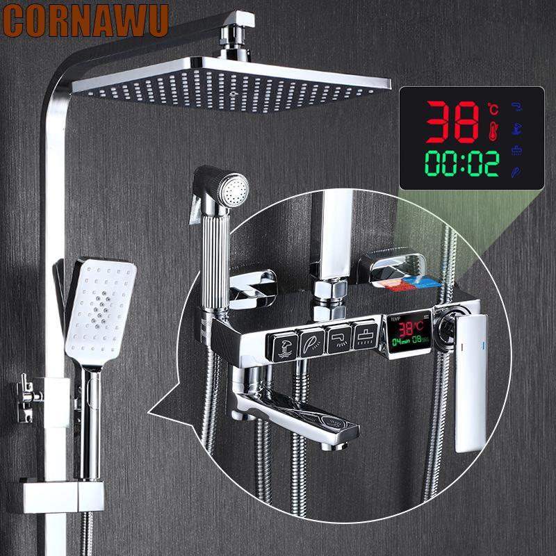 

Bathroom Shower Sets Chrome Digital Faucet Set Cold Mixer Thermostatic System Wall Mount Full Kit Bath Tap Silver Torneira