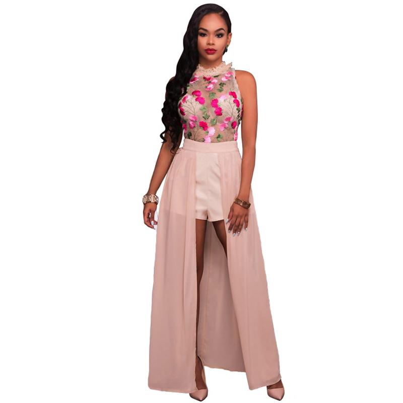 

New Summer Women Dress Mesh Flowers Embroidery Playsuit Women Rompers Dress Ankle-Length Beach Vestidos Fashion, Pink