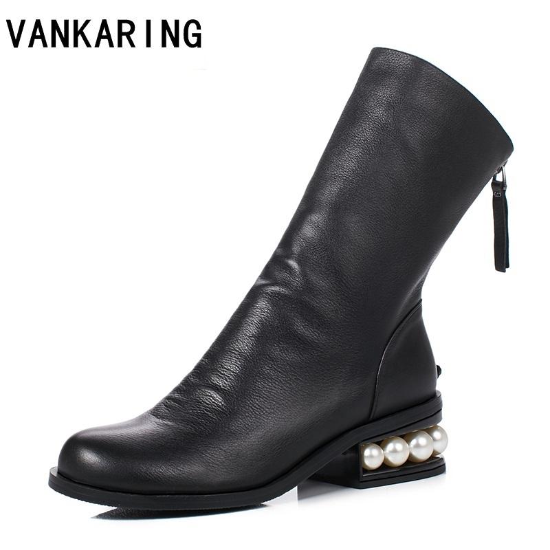 

brand autumn winter ankle boots ladies cow leather beading heel shoes women wedge platform snow boots female solid botas mujer, Black