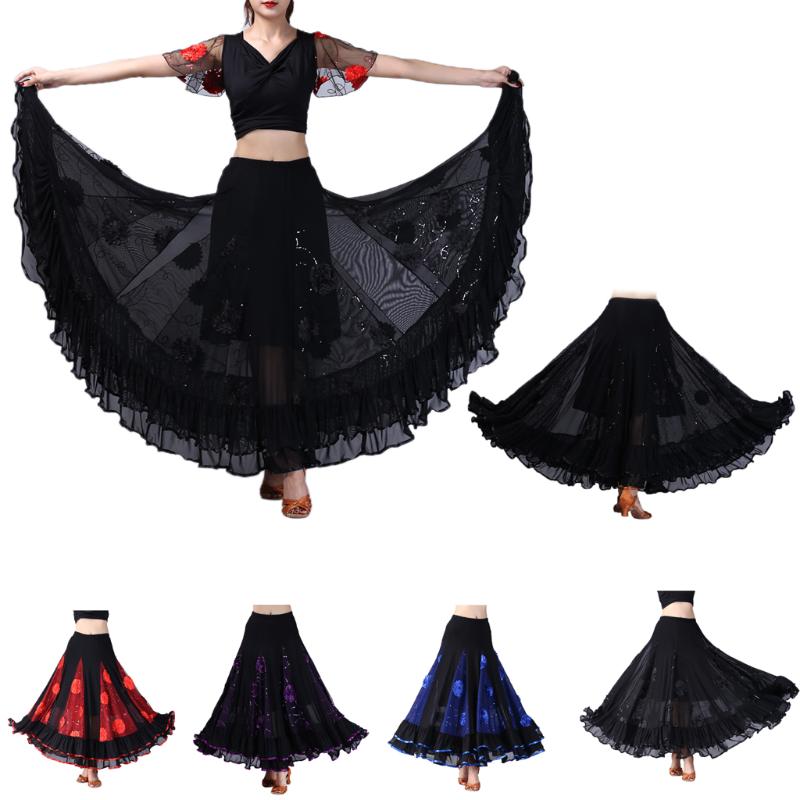 

Women Ballroom Latin Tango Dance Skirt Dress Skate Sequins Dancewear, Black
