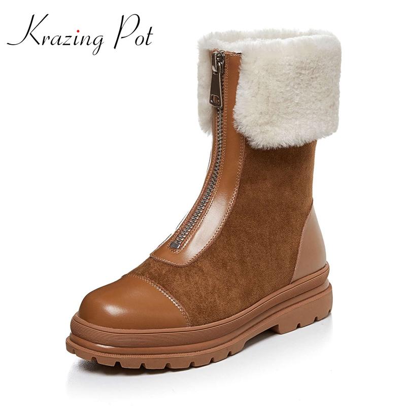

Krazing Pot new gladiator vintage colors cow leather round toe med heel snow boots north winter warm streetwear ankle boots L3f2, Brown