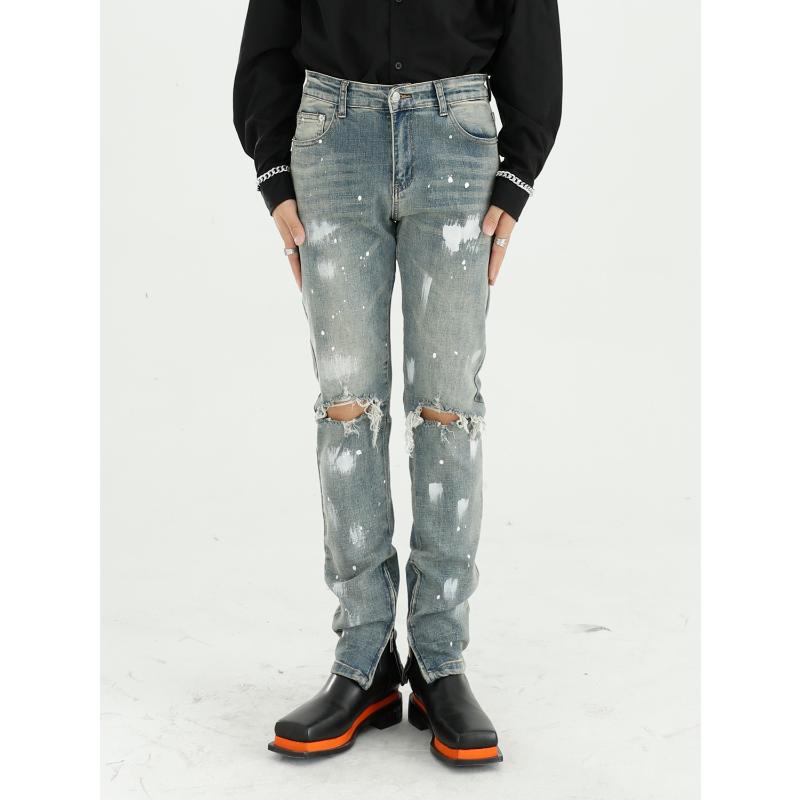 

New Male Vintage Streetwear Hip Hop Jeans Trousers Men Paint Knee Broken Hole Slim Fit Casual Beggar Denim Pant, 129