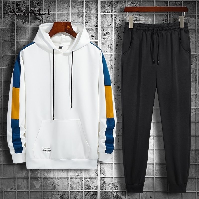 

Autumn Pullover Hoodies Sweatshirts + Pants Sets Men's Sportswear Casual 2 Pieces Tracksuit Men Patchwork Track Suits Streetwear 201201, Cc245blue