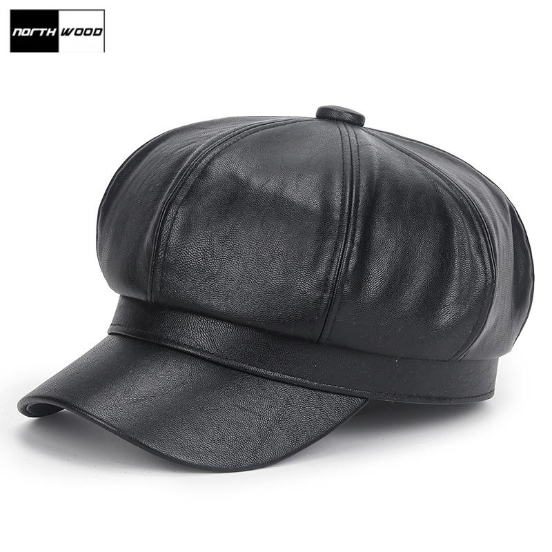 

Berets NORTHWOOD PU Leather Women Winter Octagonal Hats Solid Fashion Women's Hat Beret Cap Female Ladies, Black