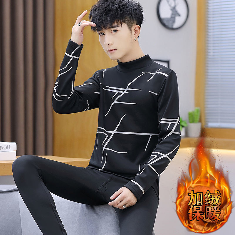 

2021 New Men's clothes fall and winter fashion thermal underwear plus velvet half turtleneck high bottoms 2 piece together E, Black suit 3