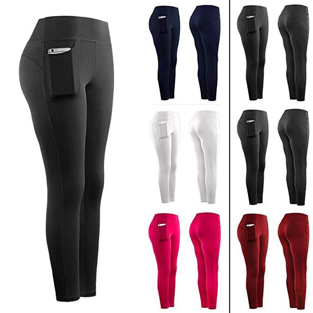 

women stretch lady leggings fitness running gym sports pockets active pants high waist seamless exercise athletic trousers, Black